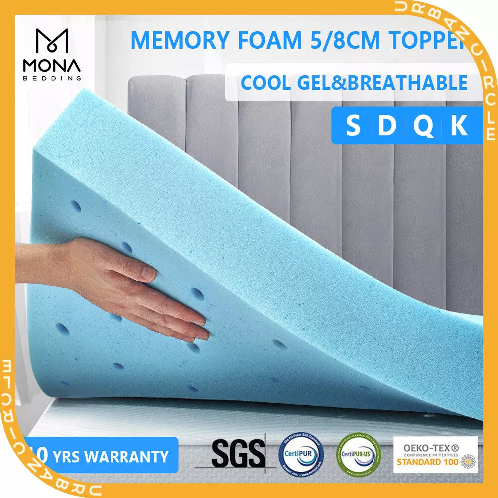 Mona Memory Foam Mattress Topper 5/8cm Cool Gel Queen Bed Bamboo Cover Underlay