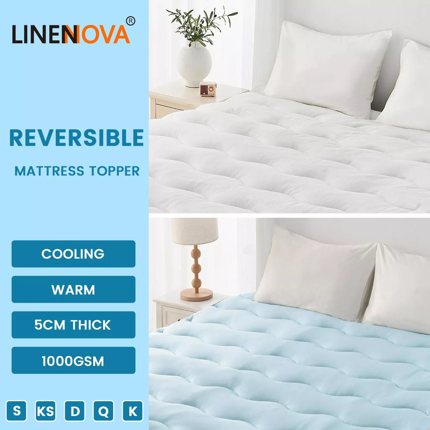 Reversible Cooling & Warm Mattress Topper 45cm Deep Pocket Mattress Pad All Size