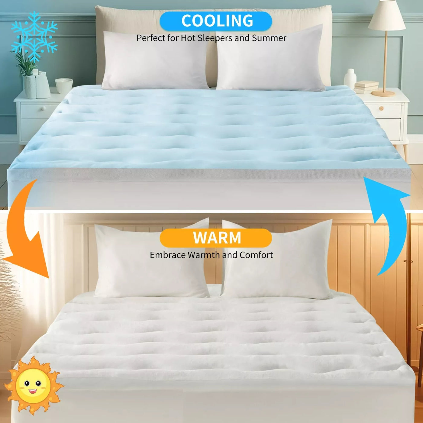 Reversible Cooling & Warm Mattress Topper 45cm Deep Pocket Mattress Pad All Size